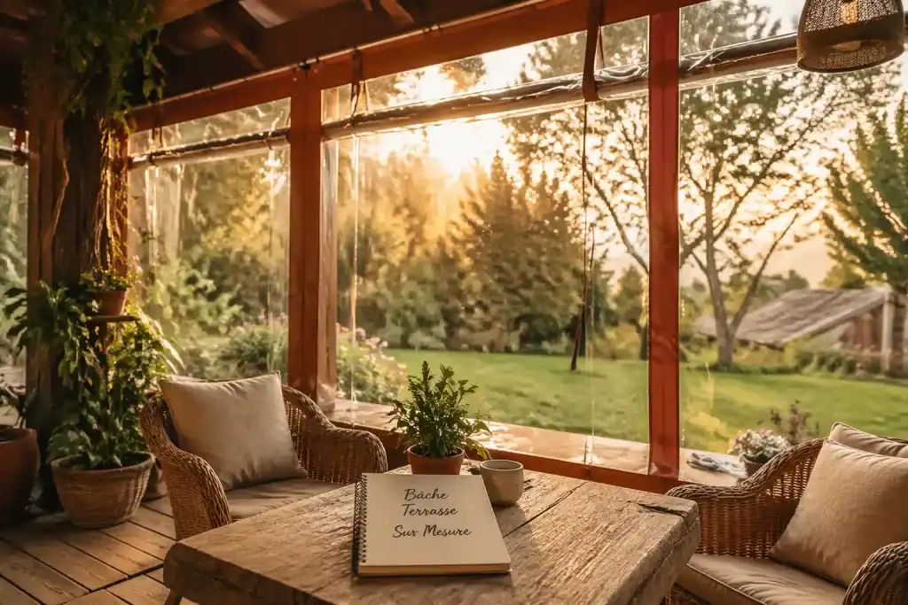 bache terrasse sur mesure sur une terrasse en bois