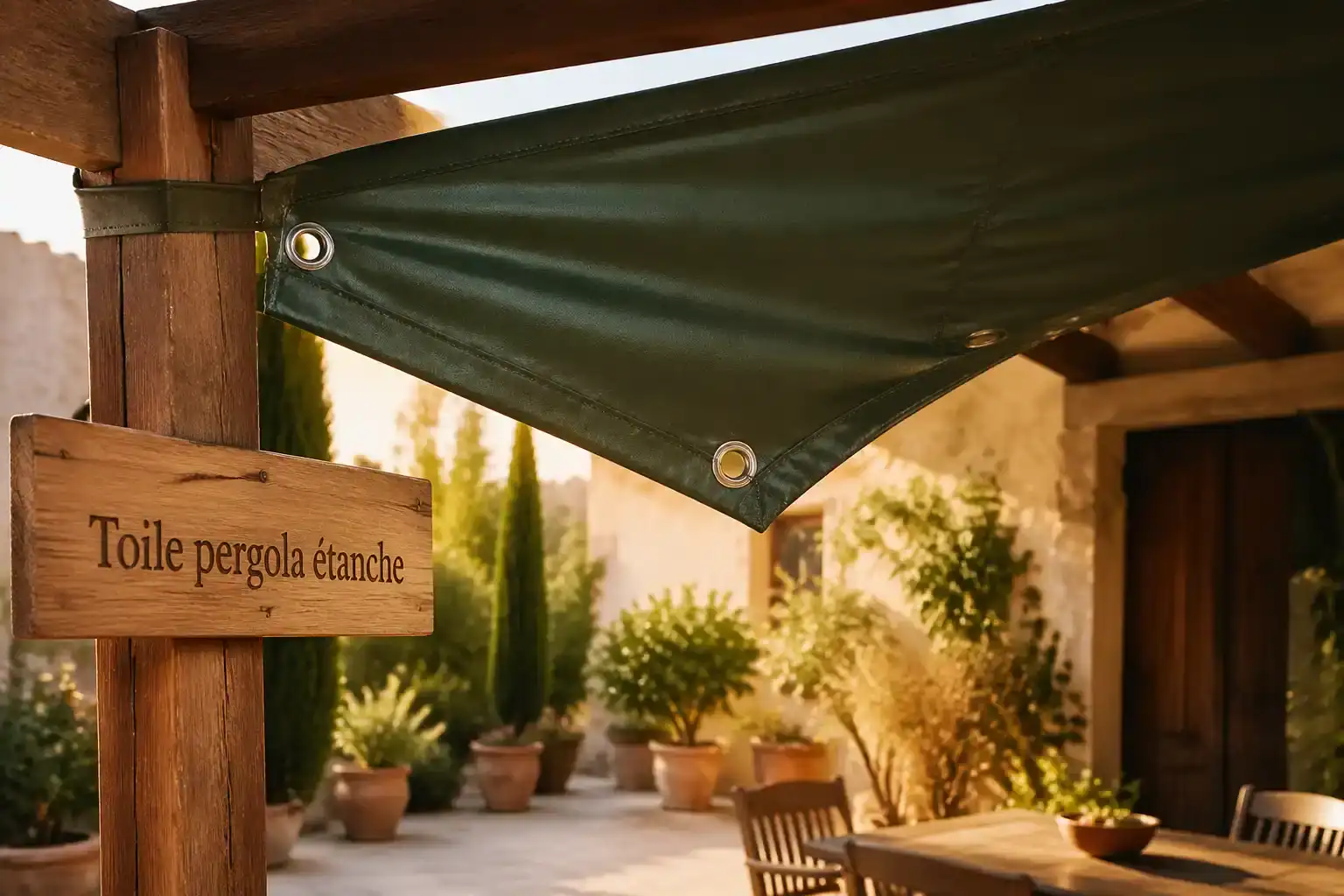 toile pergola etanche 640g verte sur terrasse