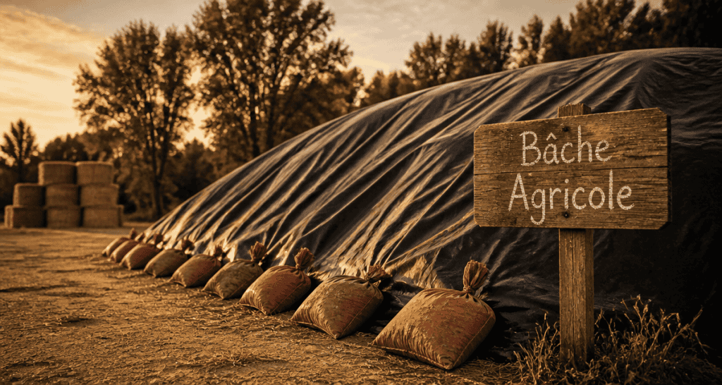 bâche noir agricole couvrant un silo avec sacs de lest