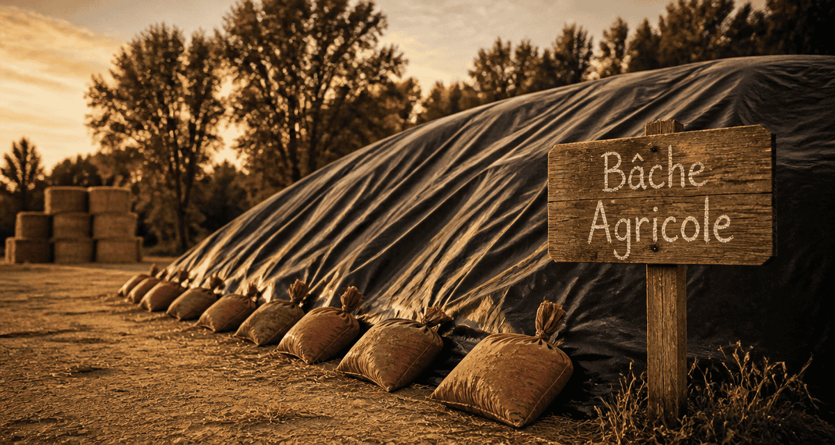 bâche noir agricole couvrant un silo avec sacs de lest