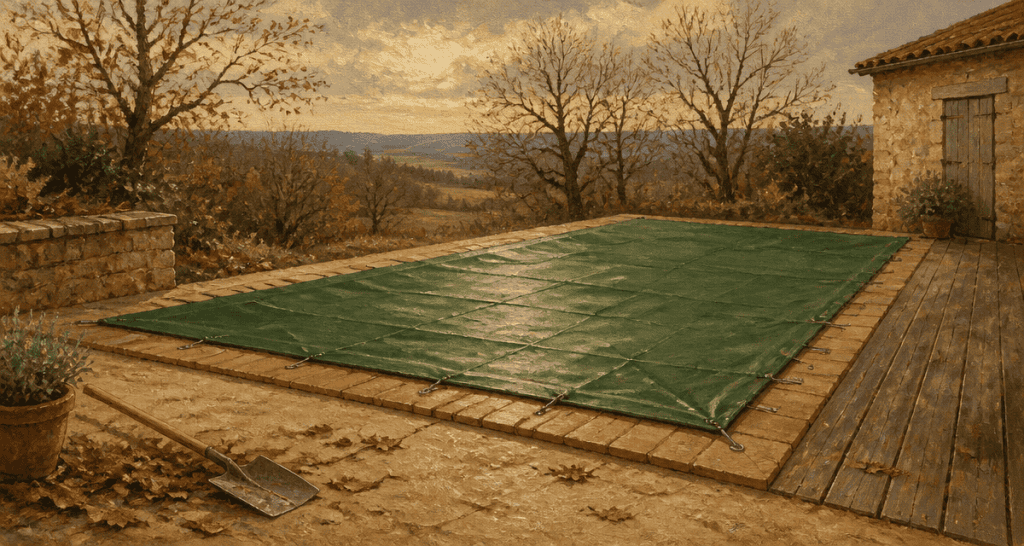 baches hiver piscine sur terrasse bois et margelles