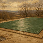 baches hiver piscine sur terrasse bois et margelles