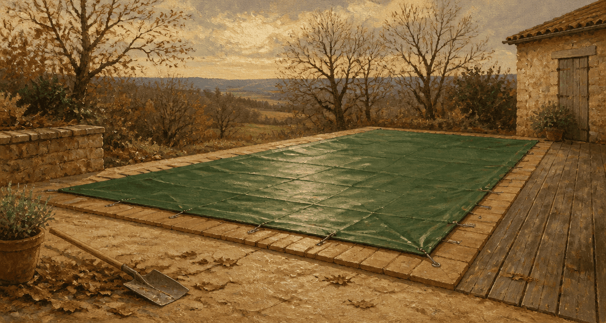 baches hiver piscine sur terrasse bois et margelles