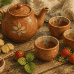 Bienfait fraise thé tisane sur table rustique