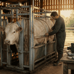 Cage de contention pour bovin immobilisant une vache charolaise