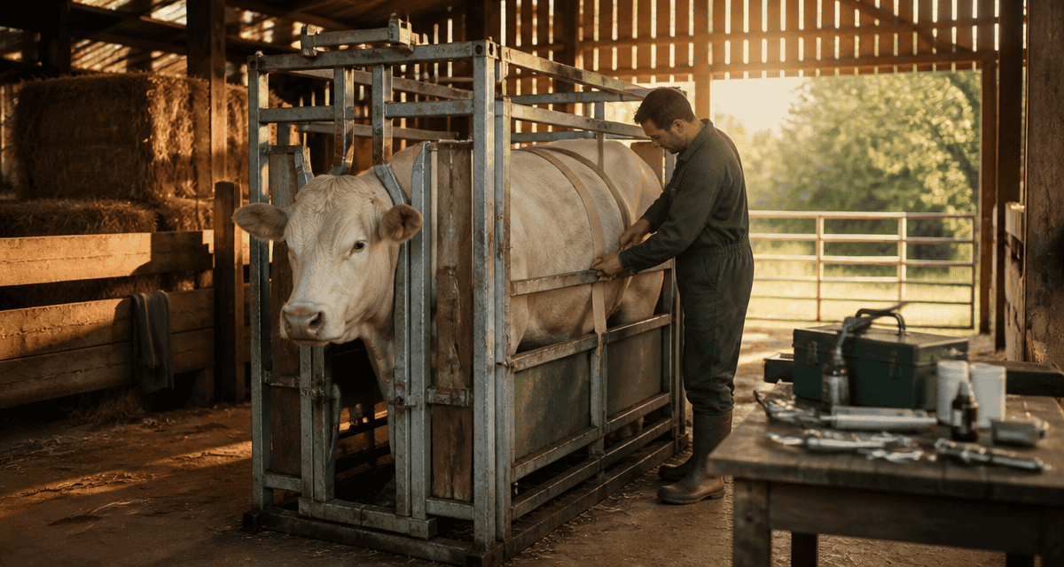 Cage de contention pour bovin immobilisant une vache charolaise