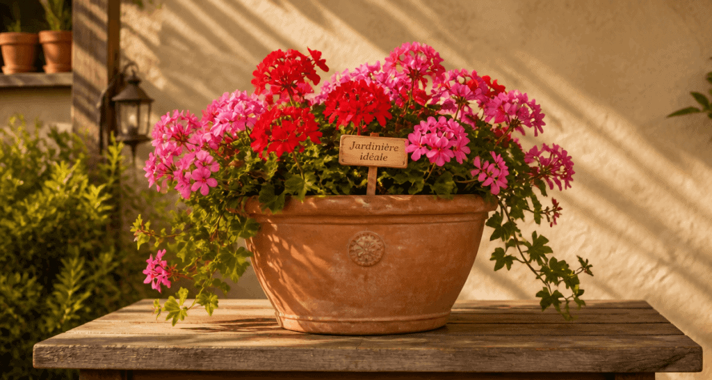 combien de géranium dans une jardinière de 50 cm, trois plants en fleurs