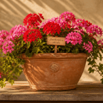 combien de géranium dans une jardinière de 50 cm, trois plants en fleurs