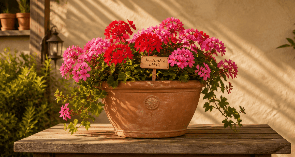 combien de géranium dans une jardinière de 50 cm, trois plants en fleurs