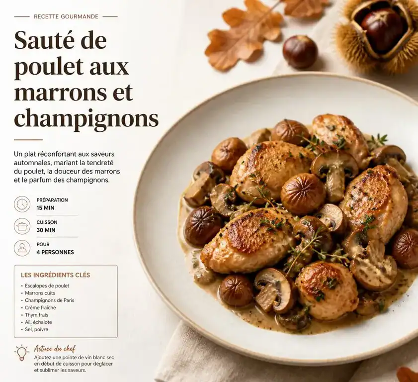 Sauté de poulet aux marrons en conserve et champignons, plat cuisiné maison
