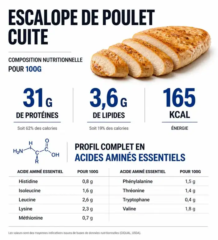 Infographie nutritionnelle : apports en protéines et valeurs nutritionnelles de l'escalope de poulet