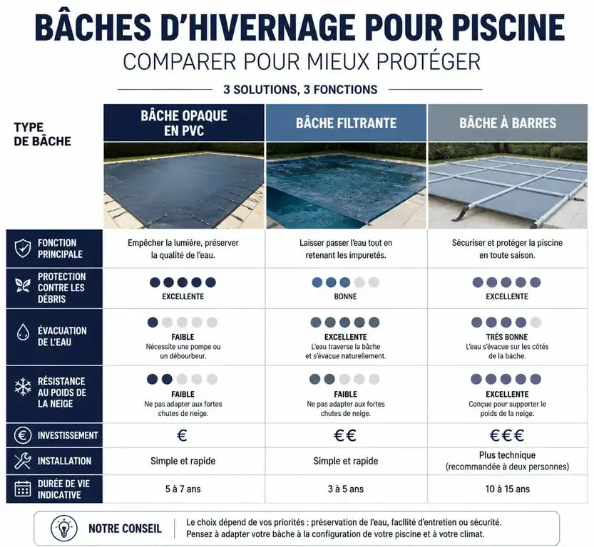 Comparatif des types de bâches d'hiver pour piscine : opaque, filtrante et à barres