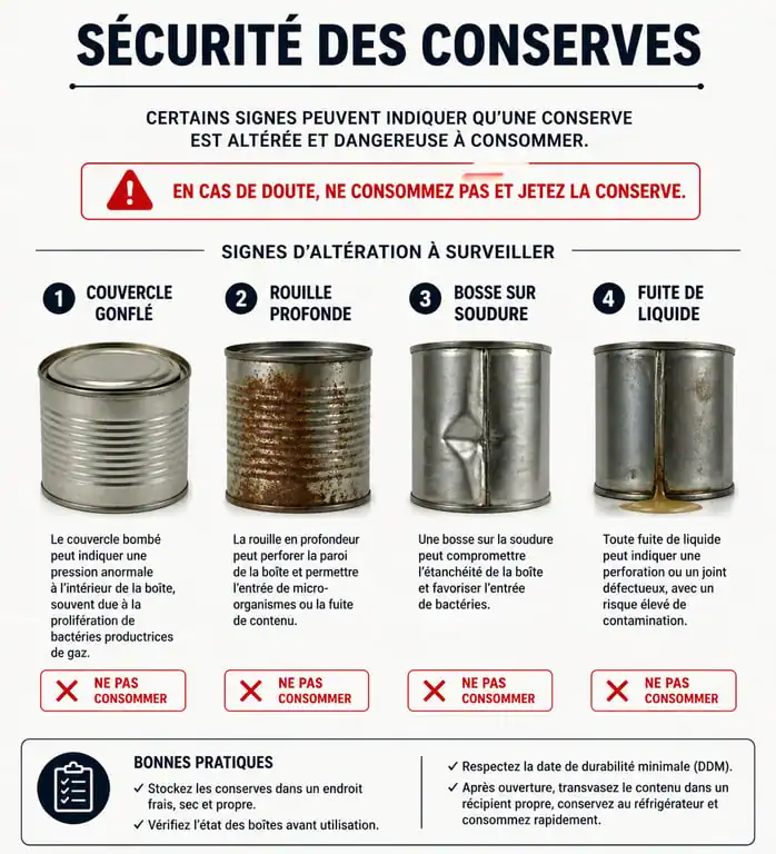 Infographie des signes d'altération d'une conserve périmée pour vérifier la sécurité alimentaire