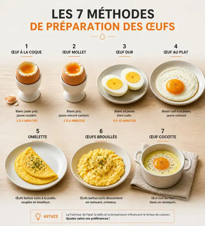 Les 7 façons de préparer les œufs : coque, mollet, dur, au plat, omelette, brouillés et cocotte.