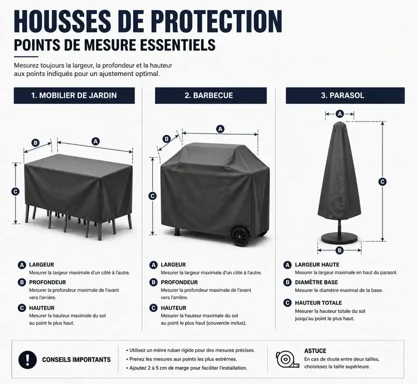 Infographie des points de mesure pour choisir sa housse de protection de mobilier de jardin et barbecue.