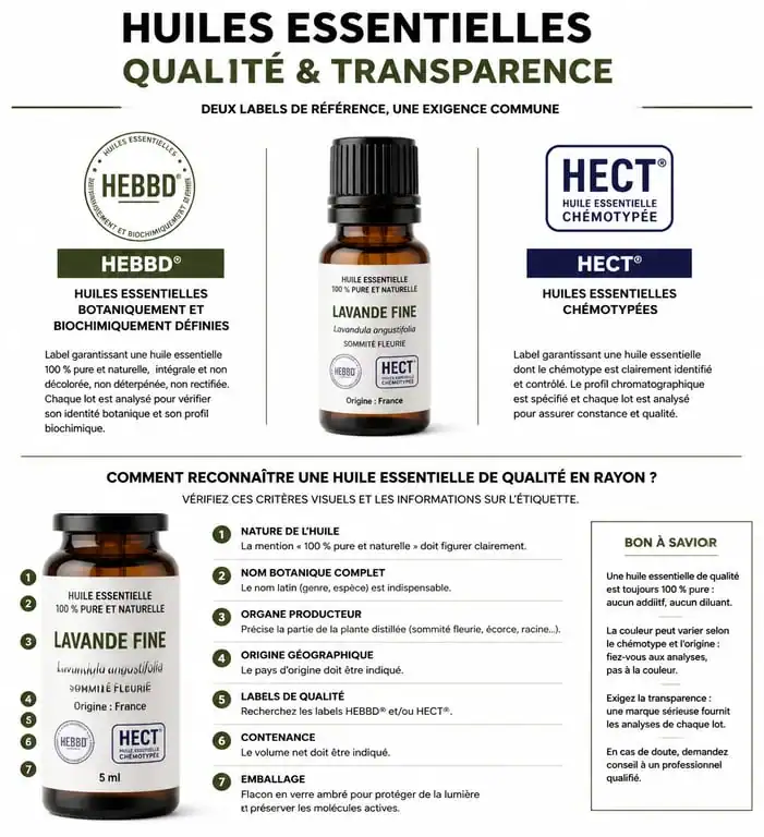 Labels de qualité HECT et HEBBD pour identifier les huiles essentielles en grande surface
