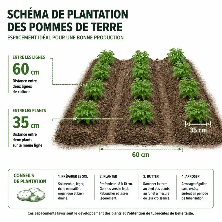 Schéma illustrant la distance de plantation idéale pour les pommes de terre au potager