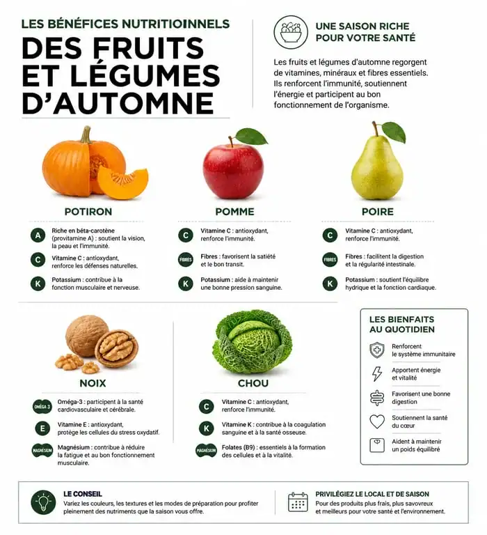 Infographie des bienfaits nutritionnels des fruits et légumes d'automne