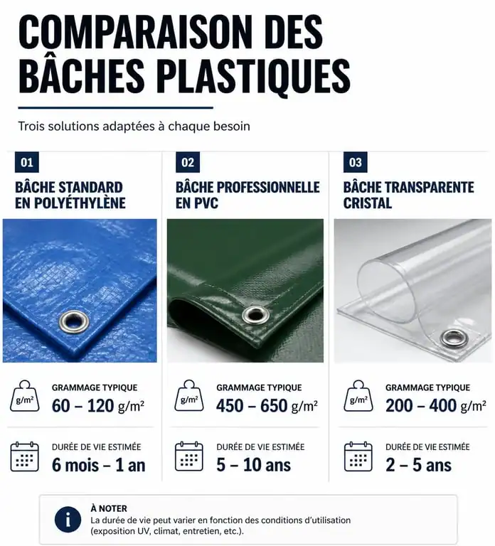 Infographie comparative des types de bâches plastiques : grammage, usage et durabilité pour choisir sa bâche plastique idéale.