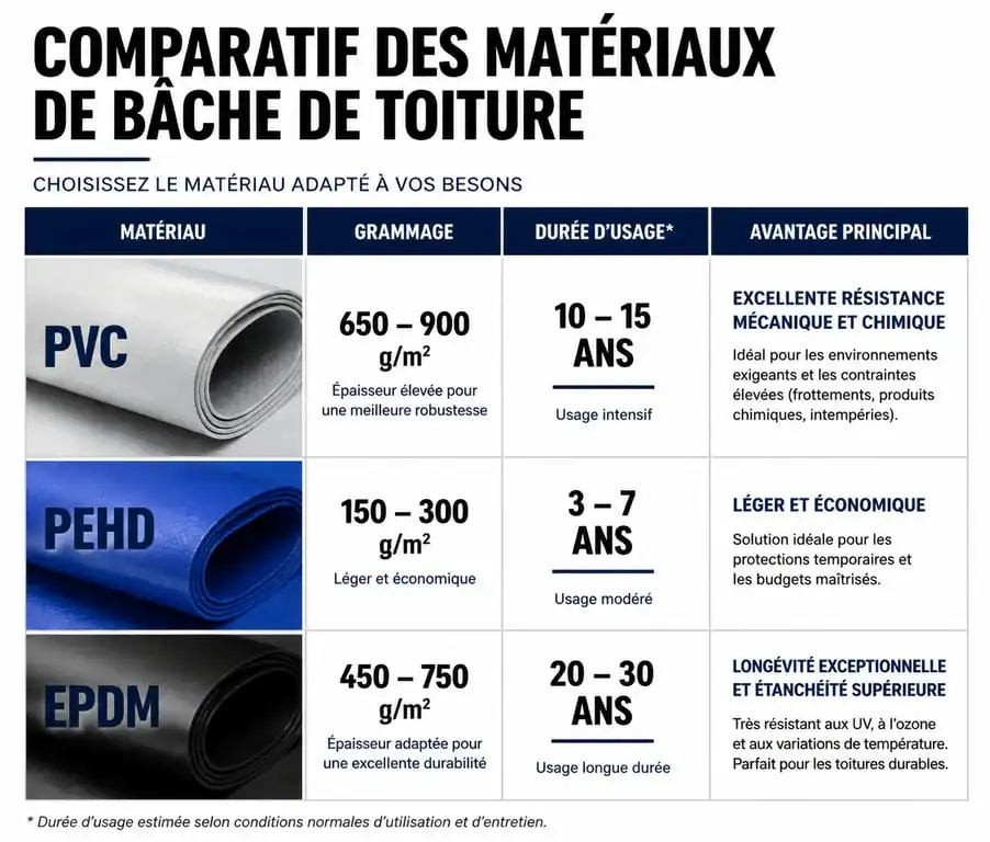 Comparatif des matériaux pour toiture en bâche : PVC, PEHD et EPDM