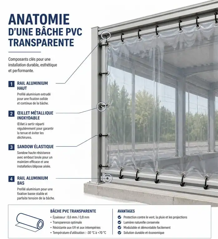 Schéma technique d'installation d'une bâche transparente avec œillets et sandows