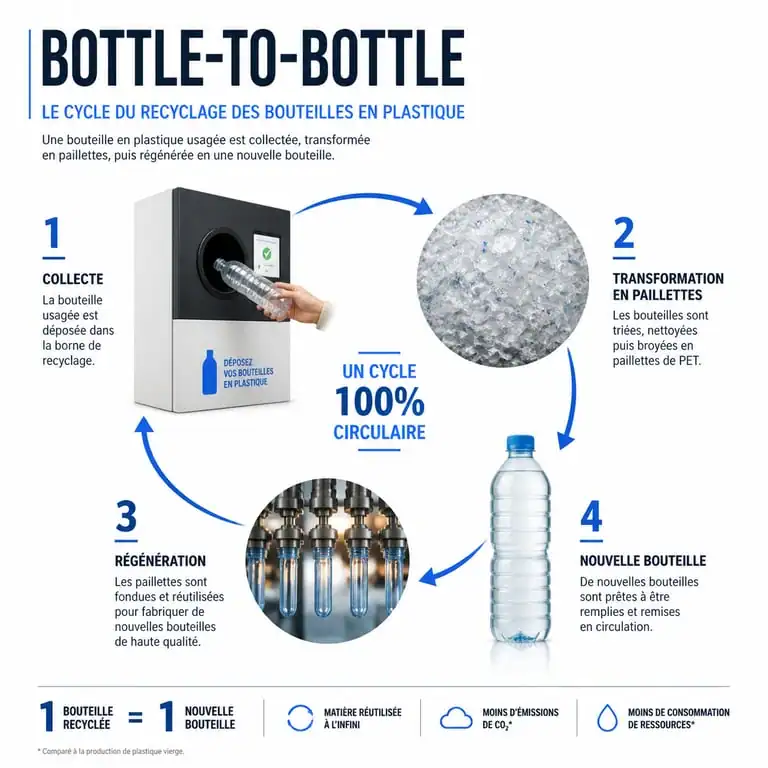 Infographie explicative du processus de recyclage des bouteilles en plastique et du cycle Bottle-to-Bottle.