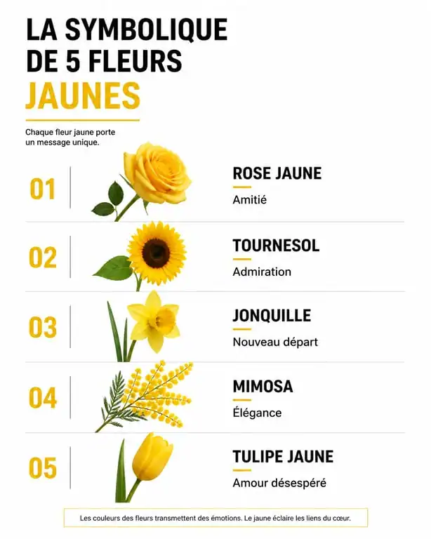 Infographie de la signification des fleurs jaunes : rose, tournesol, jonquille, mimosa et tulipe