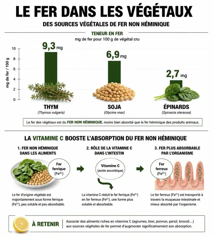 Infographie sur les aliments riches en fer et l'optimisation de l'absorption du fer végétal