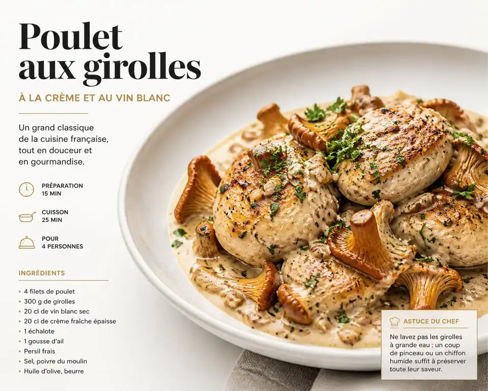 Poulet aux girolles à la crème et au vin blanc dans une assiette élégante