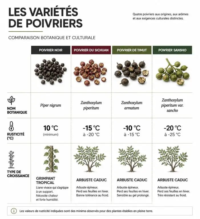 Infographie comparative des différentes variétés de plante poivrier : Piper nigrum, Sichuan, Timut et Sansho.