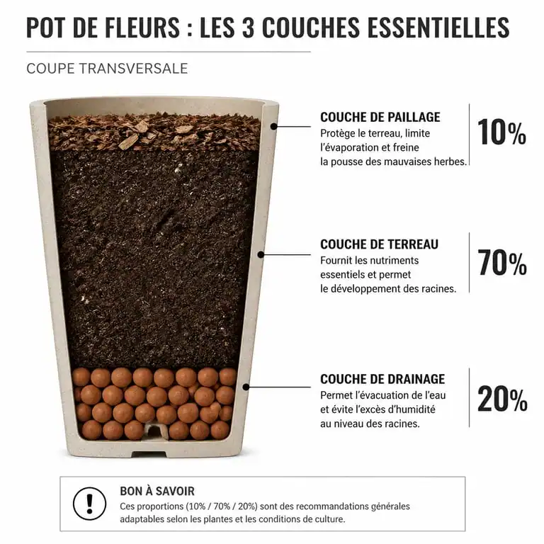 Schéma de plantation pour un pot haut et étroit : drainage, substrat et paillage