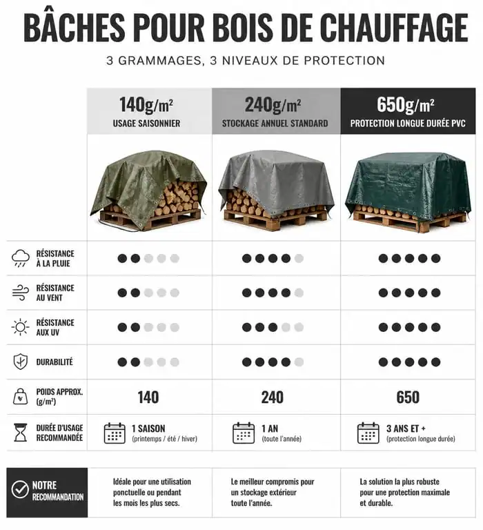 Comparatif des grammages de bâche pour bois de chauffage : choisir la protection adaptée selon la durée de stockage.