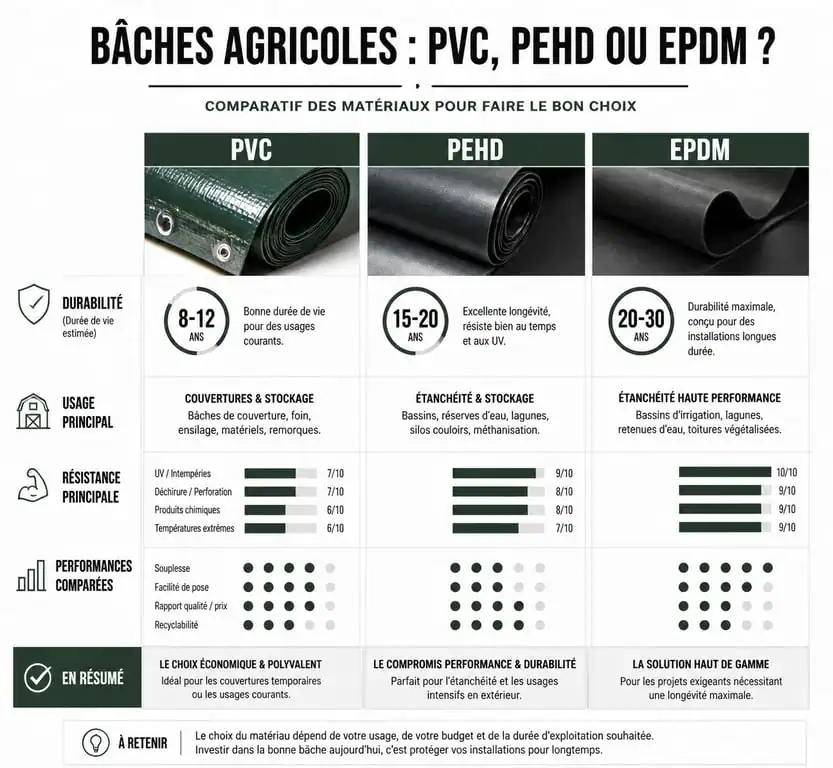 Infographie comparative des matériaux pour baches agricoles PVC, PEHD et EPDM