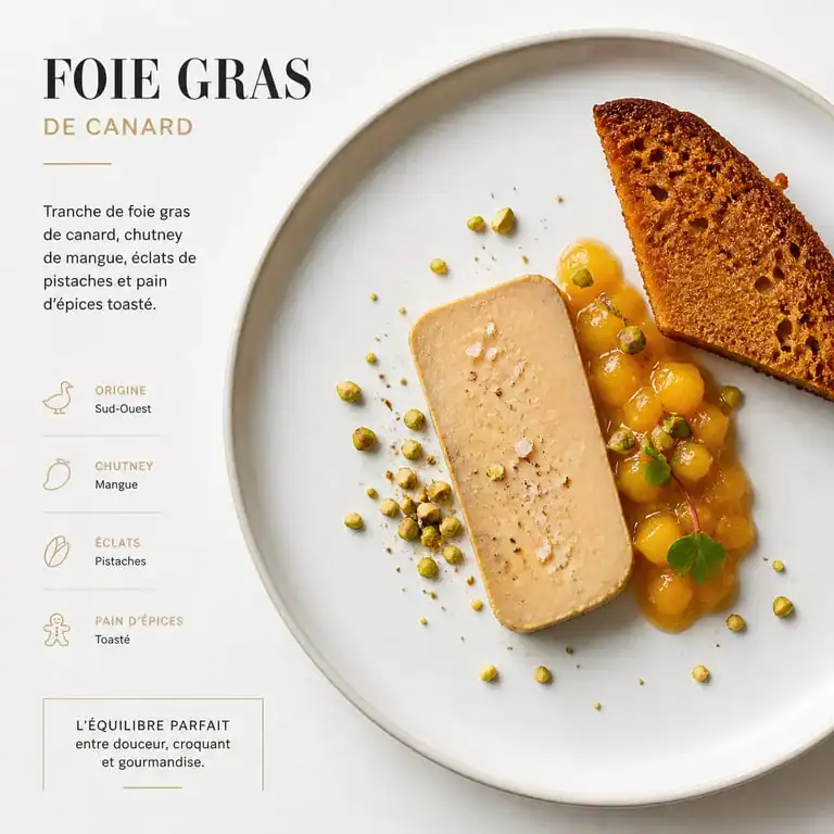 Foie gras servi avec chutney de mangue et pain d'épices