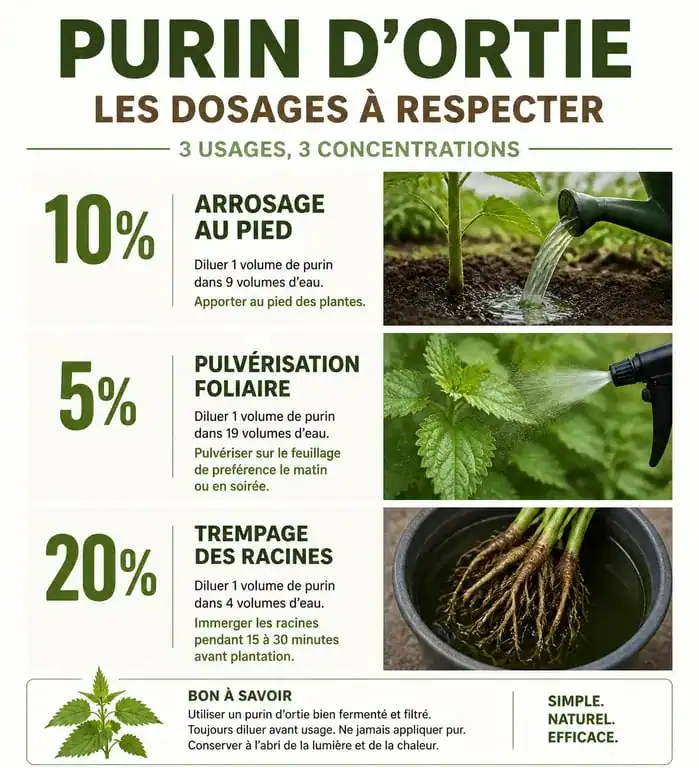 Tableau des dosages du purin d'ortie pour l'arrosage des plantes du potager
