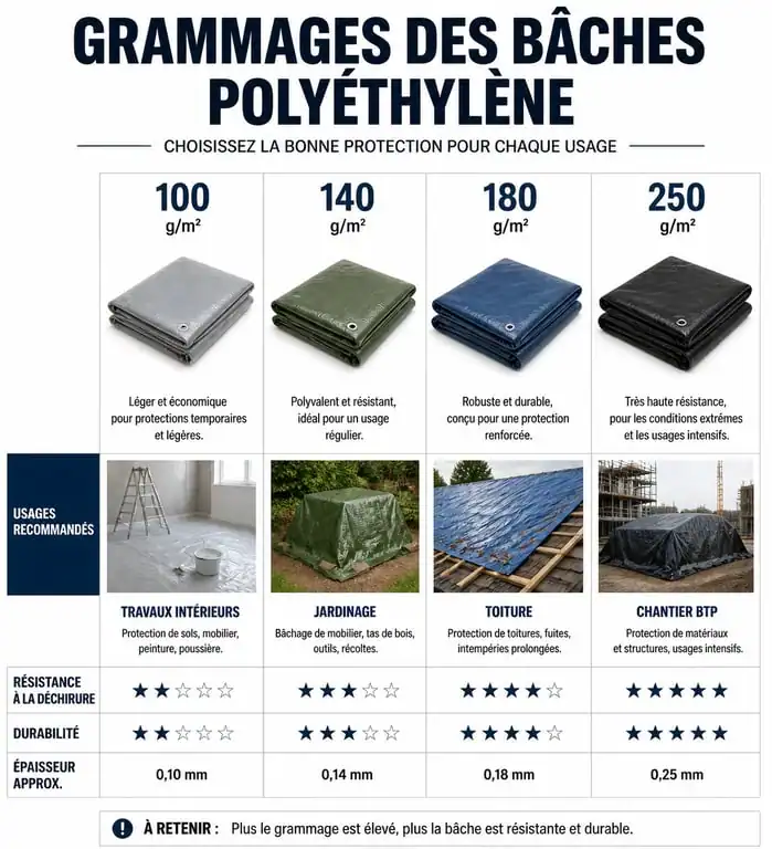 Infographie comparative des grammages de bâche polyéthylène pour choisir la protection adaptée à vos travaux.