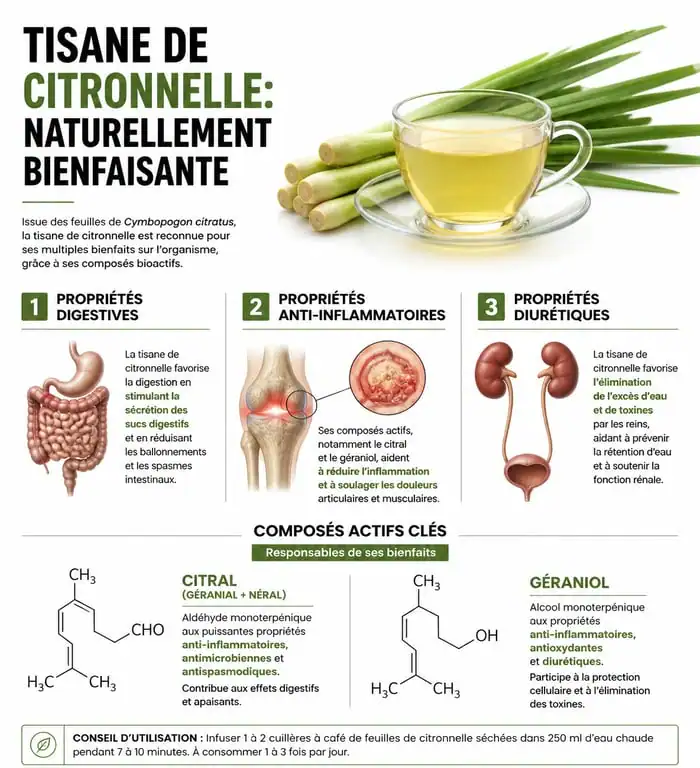 Infographie sur les bienfaits santé et les propriétés thérapeutiques de la tisane de citronnelle