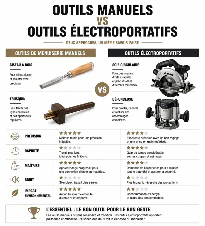 Infographie comparative des outils indispensables pour menuisier : outils manuels vs électroportatifs