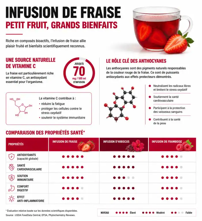 Infographie des bienfaits santé de l'infusion de fraise et ses propriétés nutritionnelles