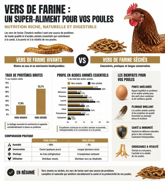 Infographie comparative des bienfaits nutritionnels des vers de farine pour les poules pondeuses