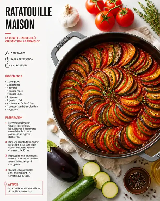 Ratatouille maison aux épices et herbes aromatiques dans une cocotte en fonte