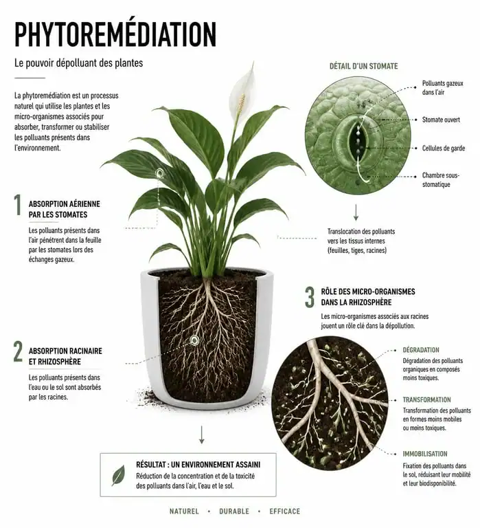 Schéma explicatif du fonctionnement des plantes d'intérieur dépolluantes et de la phytoremédiation