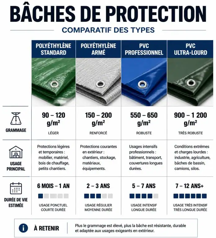 Infographie comparative des types de bâche solide : PVC et polyéthylène