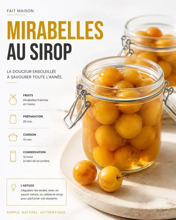 Bocaux de mirabelles au sirop maison prêts pour la conservation