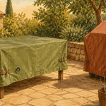 housse de protection sur table et barbecue au jardin