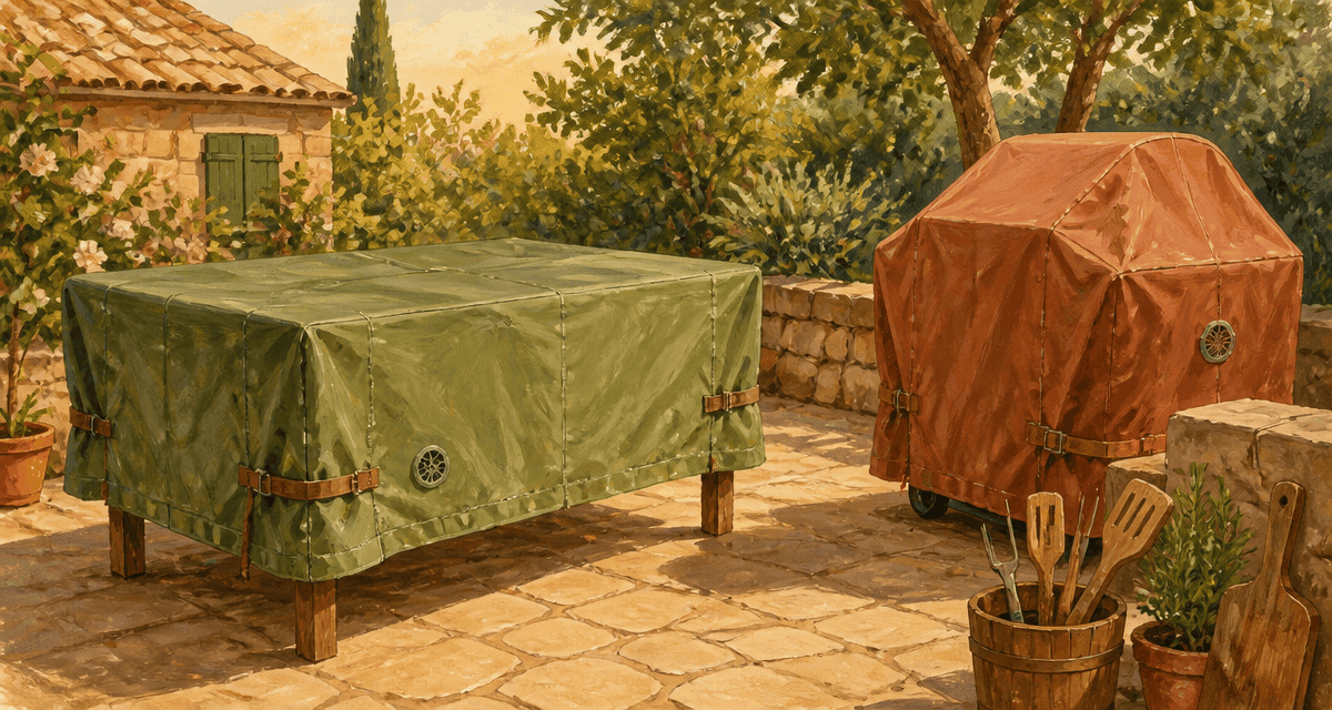 housse de protection sur table et barbecue au jardin