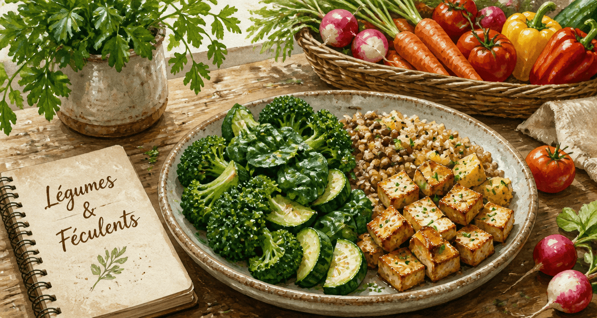 liste des legumes et feculents sur une assiette