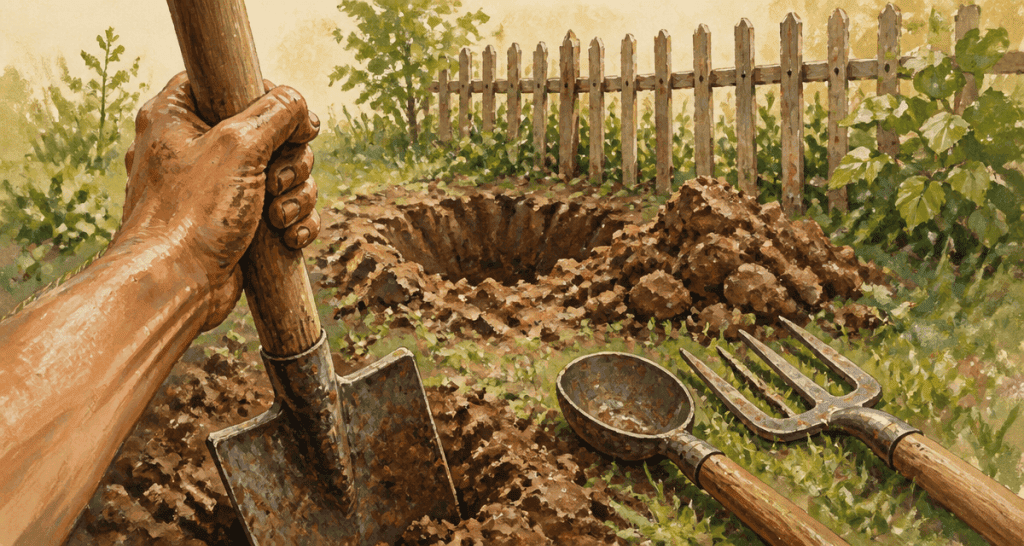 outil pour creuser la terre bêche louchet fourche sur sol dur