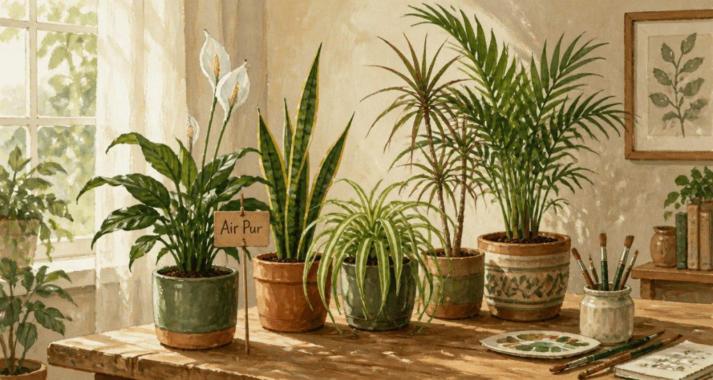 plantes d'interieur depolluante sur table en salon