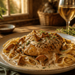 Poulet girolles crème vin blanc assiette